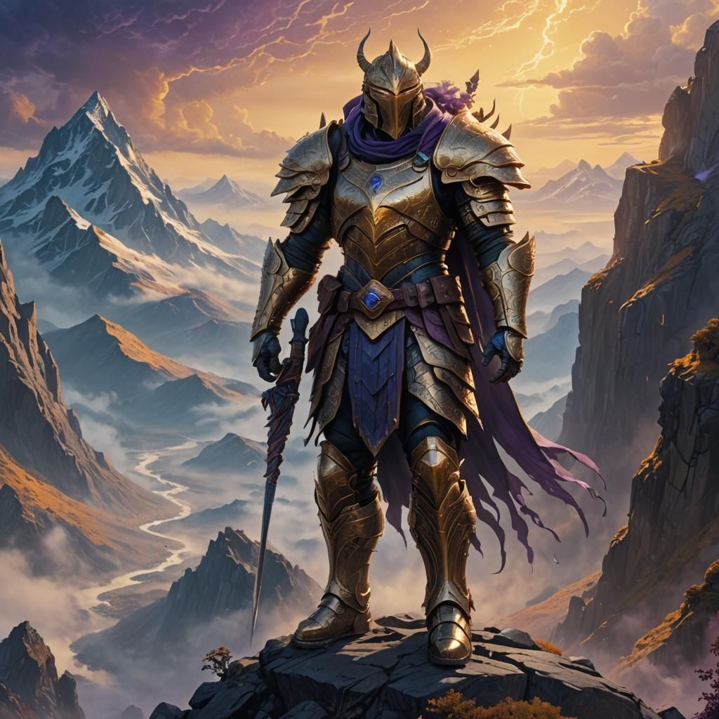 Majestic Armored Figure on Mist-Shrouded Peak