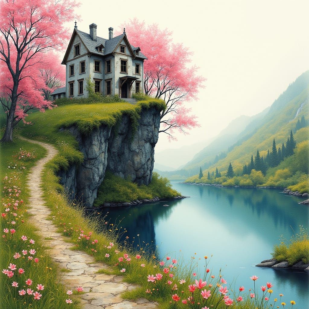 Decaying Mansion on Cliff Over Reflected Lake in Watercolour