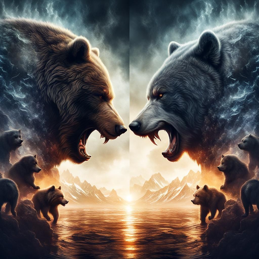 Fierce Dire Wolf and Bear Split Screen Silhouette