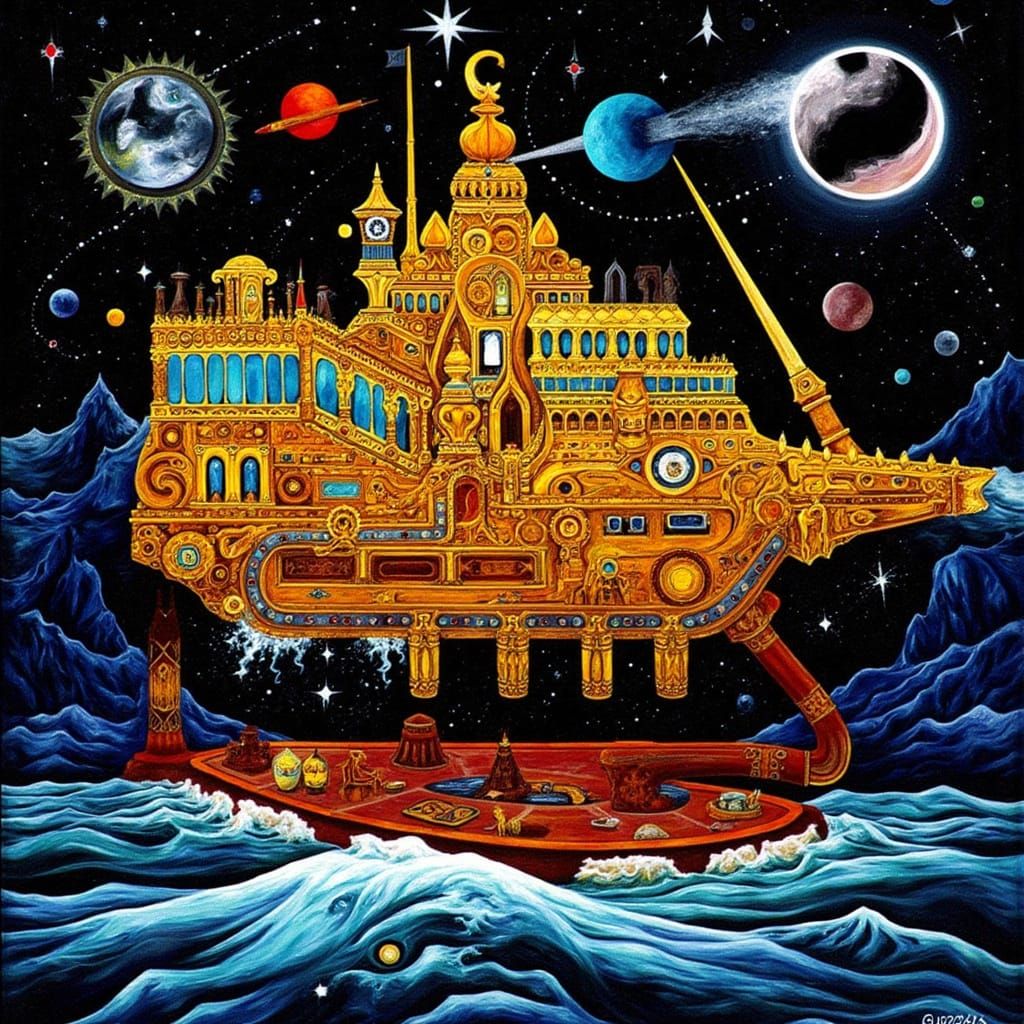 Steampunk Space Ship Eclipse Over Dark Ocean