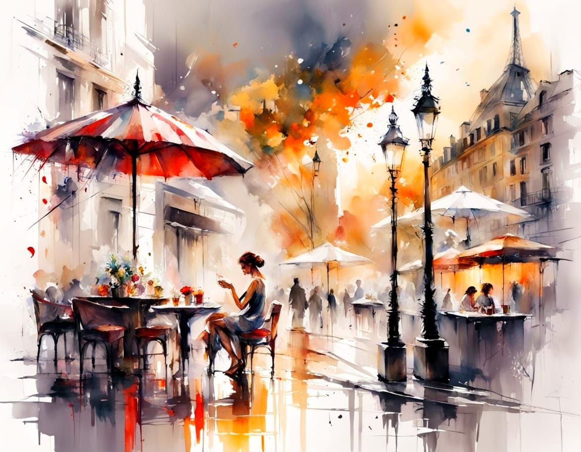 Rainy Paris Street Scene with Shimmering Lamplight