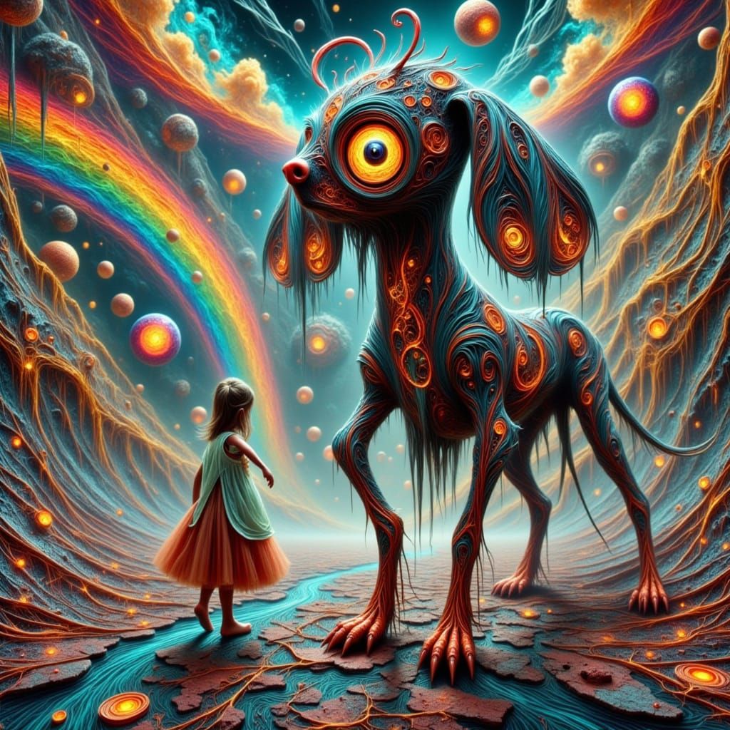 Whimsical Slender Dachshund Reveals a Little Girl in a Surre...