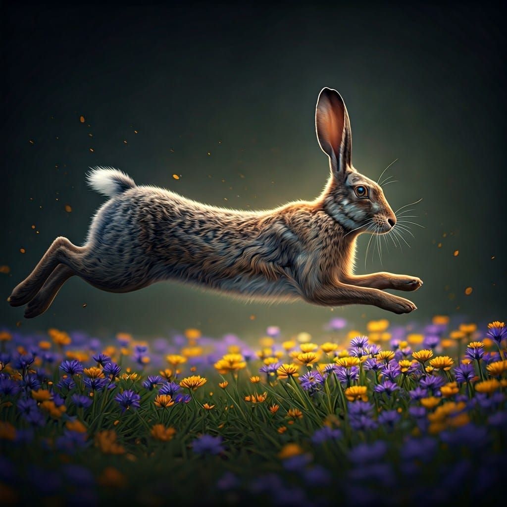 Rabbit's Graceful Hop Through Hyperrealistic Flower Field