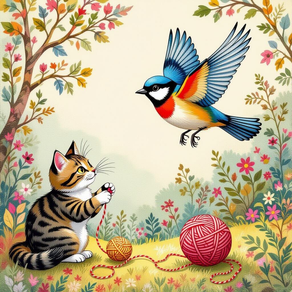 Whimsical Bird and Cat Play in Dreamy Landscape