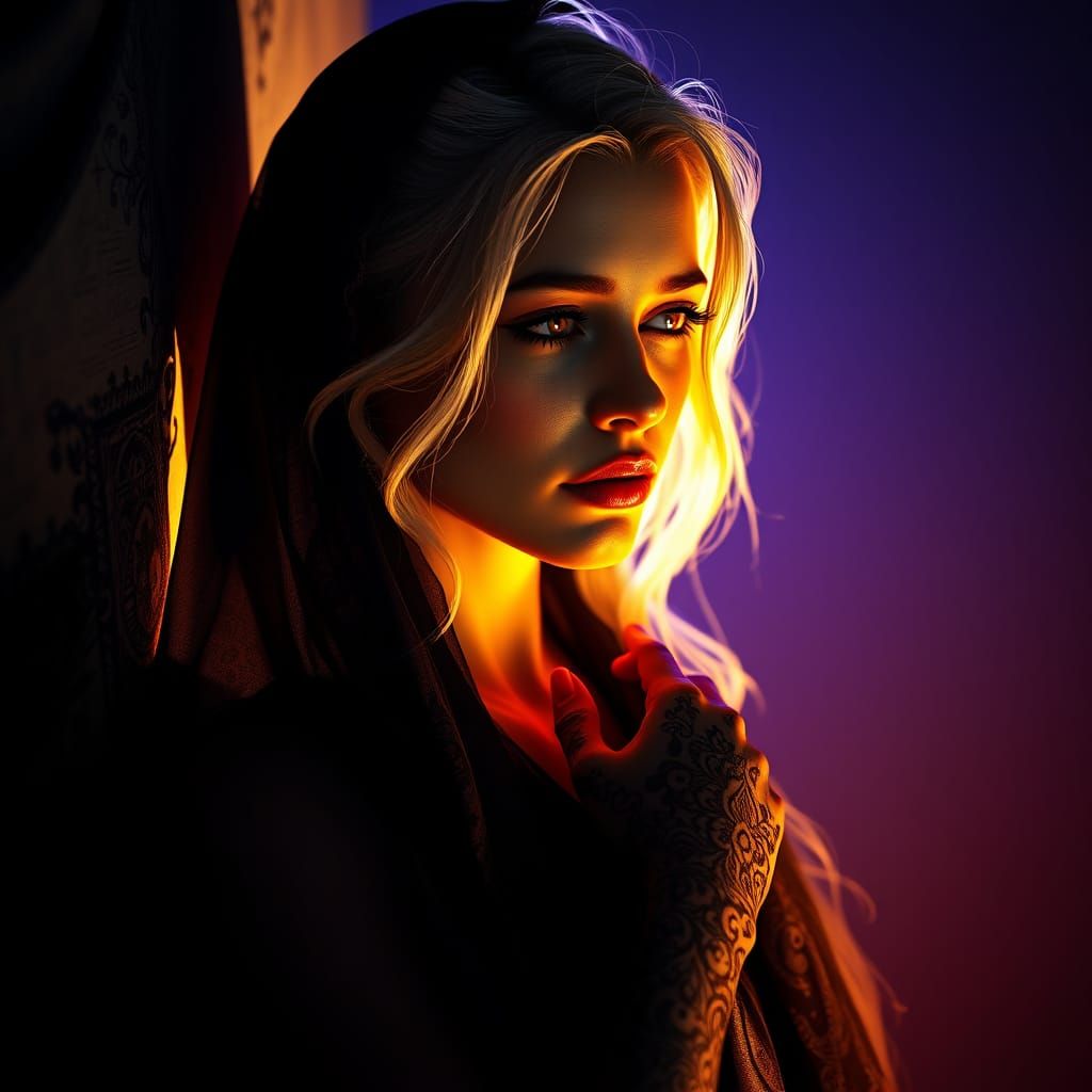 Emerging from Shadows, Radiant Femme in Dark Attire