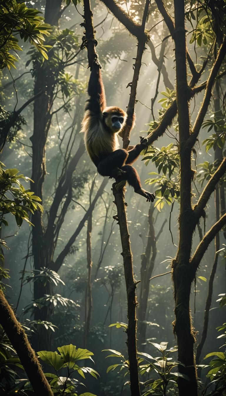 Gibbon in Jungle Sunlight: Cinematic Film Still