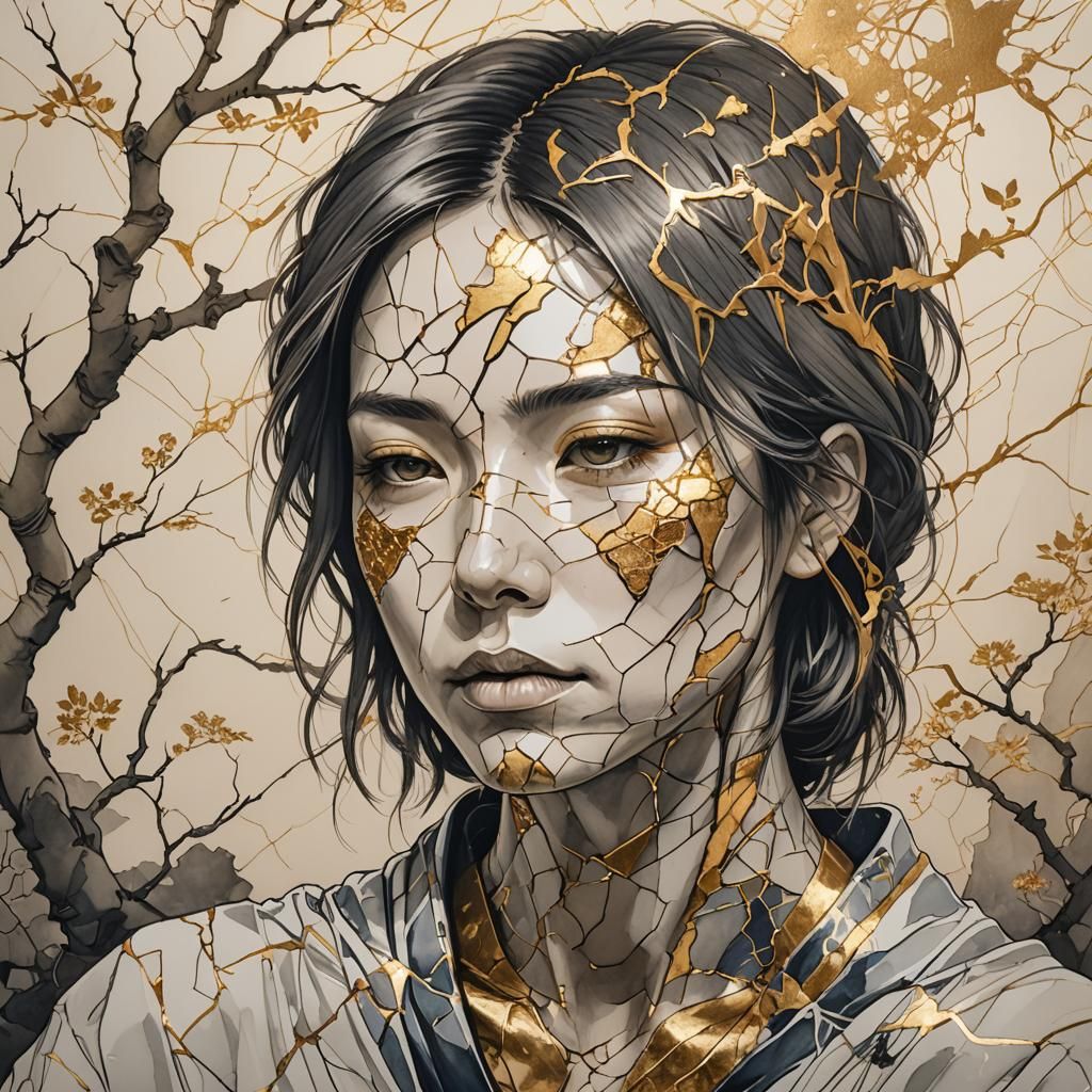 Kintsugi Face in Japanese Garden Sketch