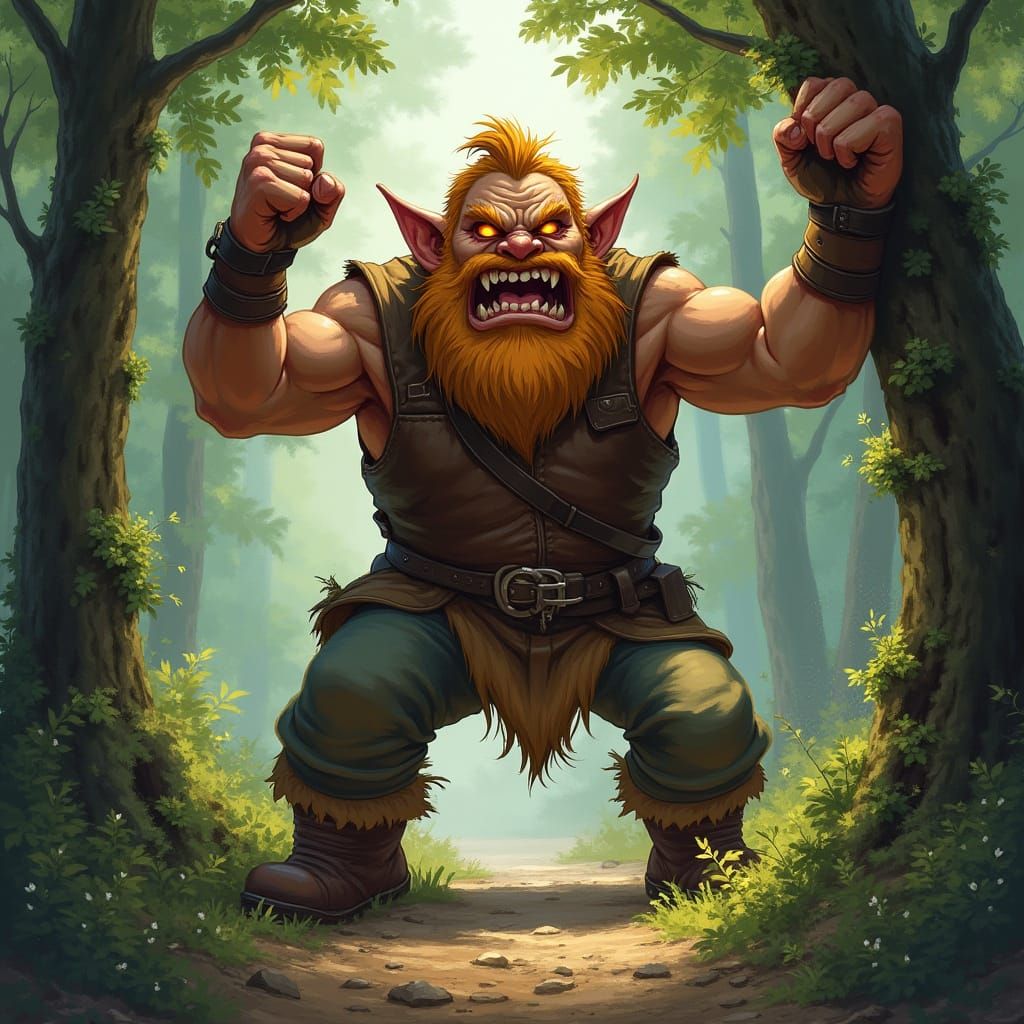 Dwarf Shakes Fist at Tree in Forest, Dramatic Lighting