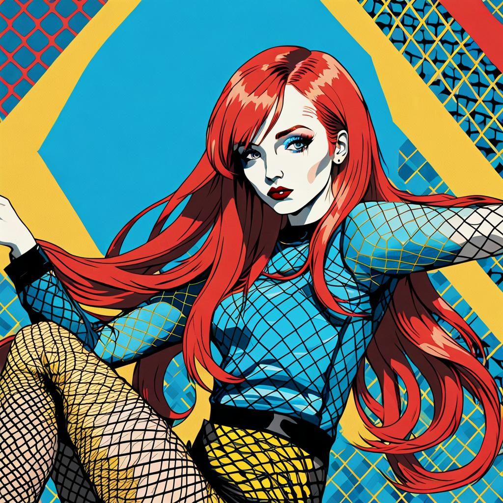 Girl with long red wearing fishnets