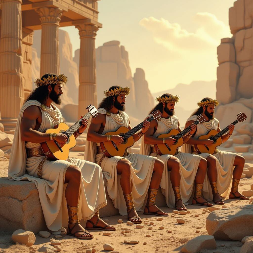Roman Rockers in Ancient Ruins: Dystopian Art Style