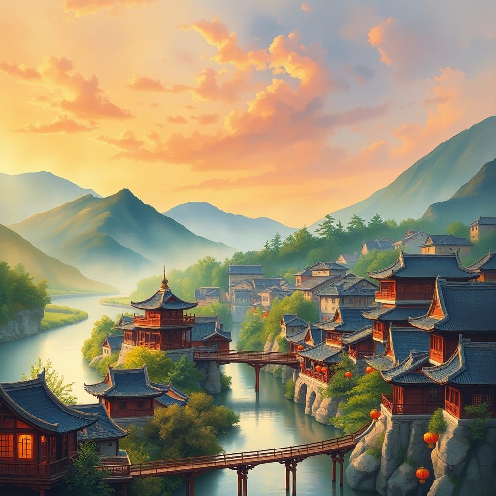 Chinese Village at Dusk in Vibrant Impressionist Style