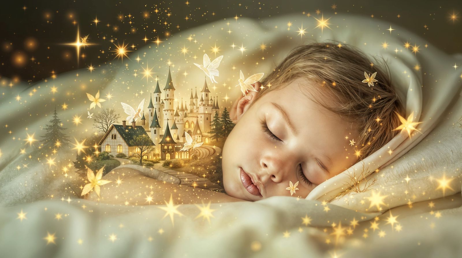Dreamy Impressionist Scene of Sleeping Boy and Fairy Village