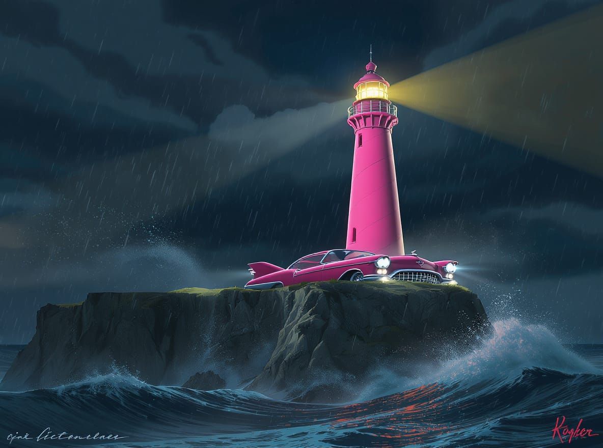 Pink Cadillac Lighthouse Shining Across a Turbulent Sea