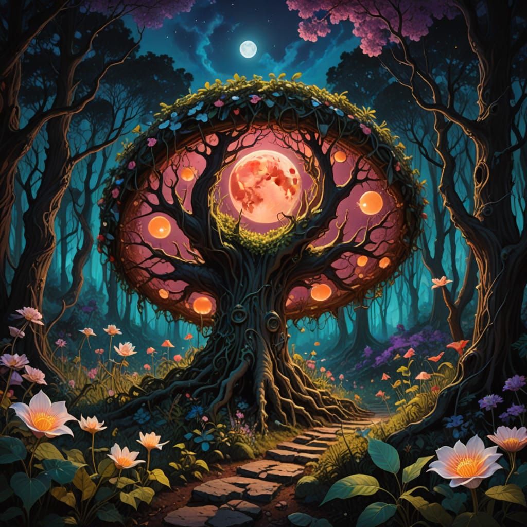 Surreal Forest Under Blood Moon's Ethereal Glow