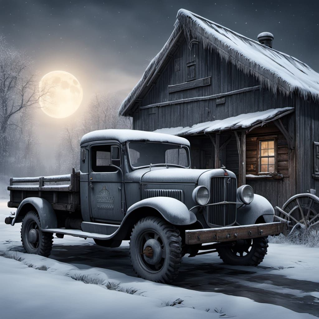 Vintage Truck and Shack in Winter Night Scene