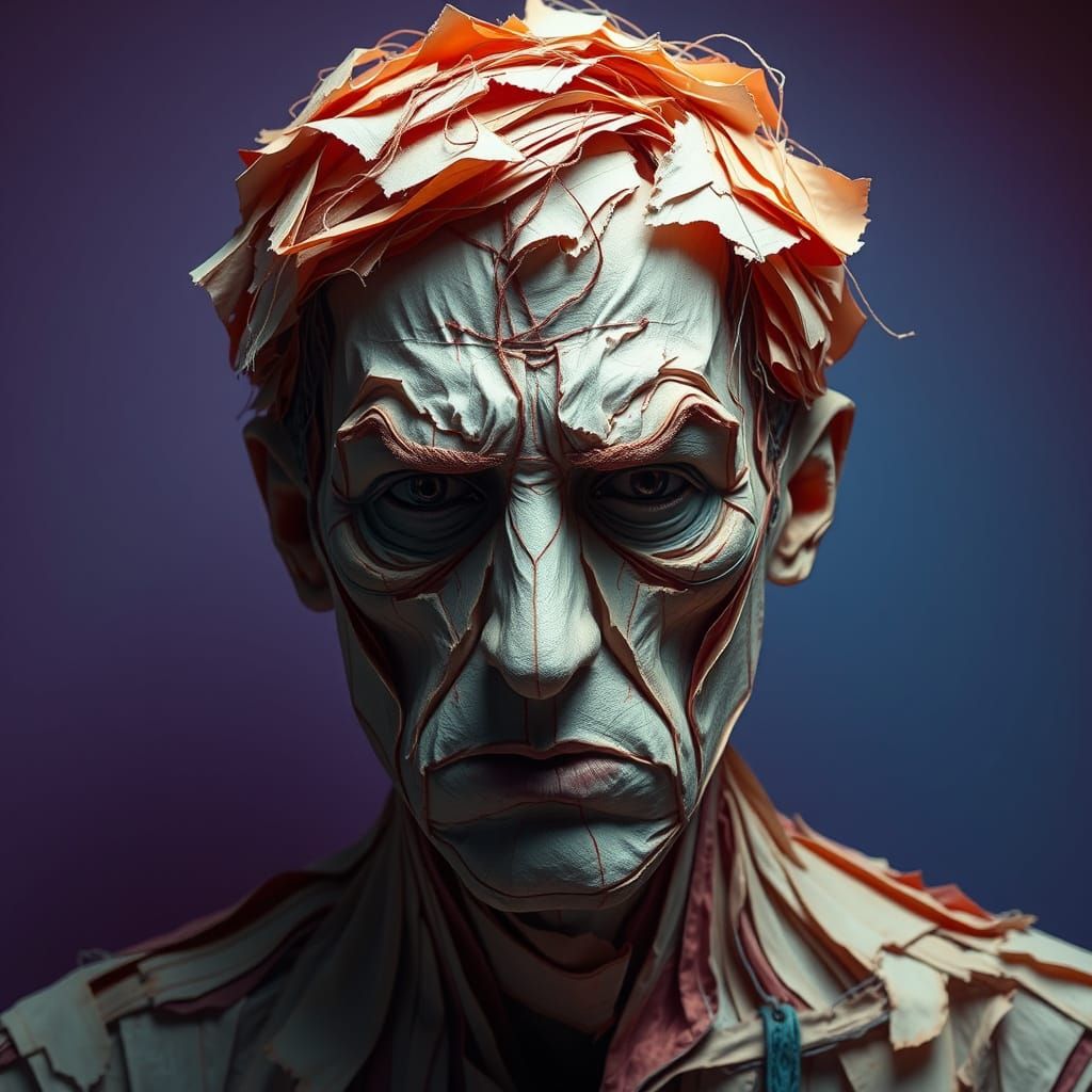 Hyperrealistic Paper Sculpture of an Anxious Man