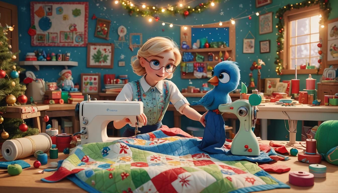 Whimsical Christmas Quilter in Festive Craft Room