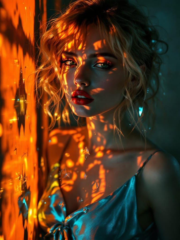 Blond Pin-Up Woman in Metallic Dress with Luminous Distortio...