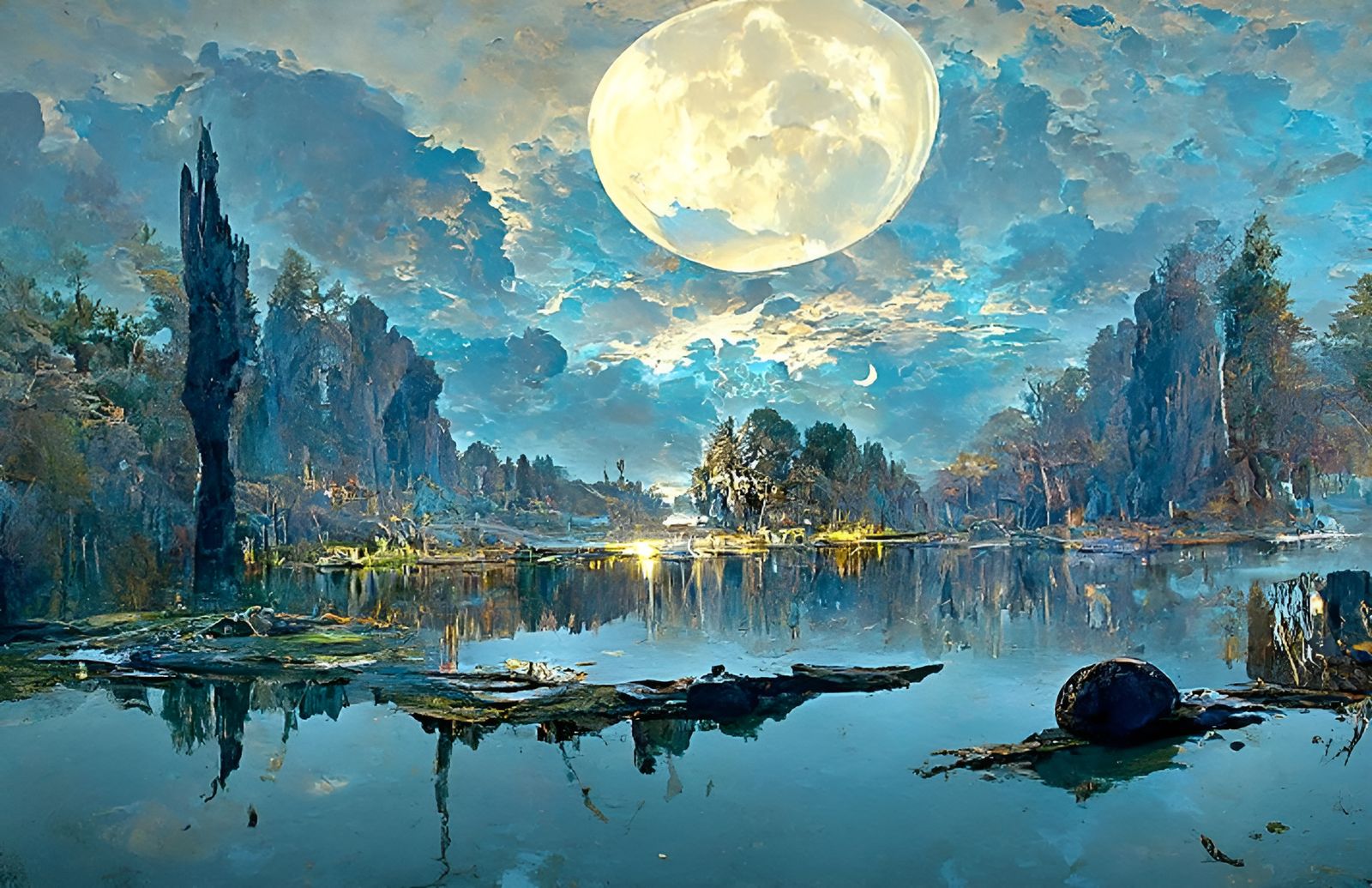 Moonlit Lake Panorama in Romantic Impressionism Style