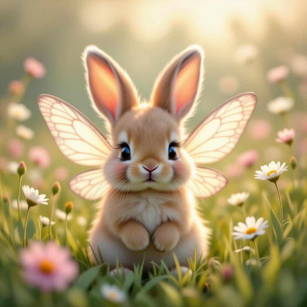 Bunny with Fairy Wings in Surreal Pastel Field