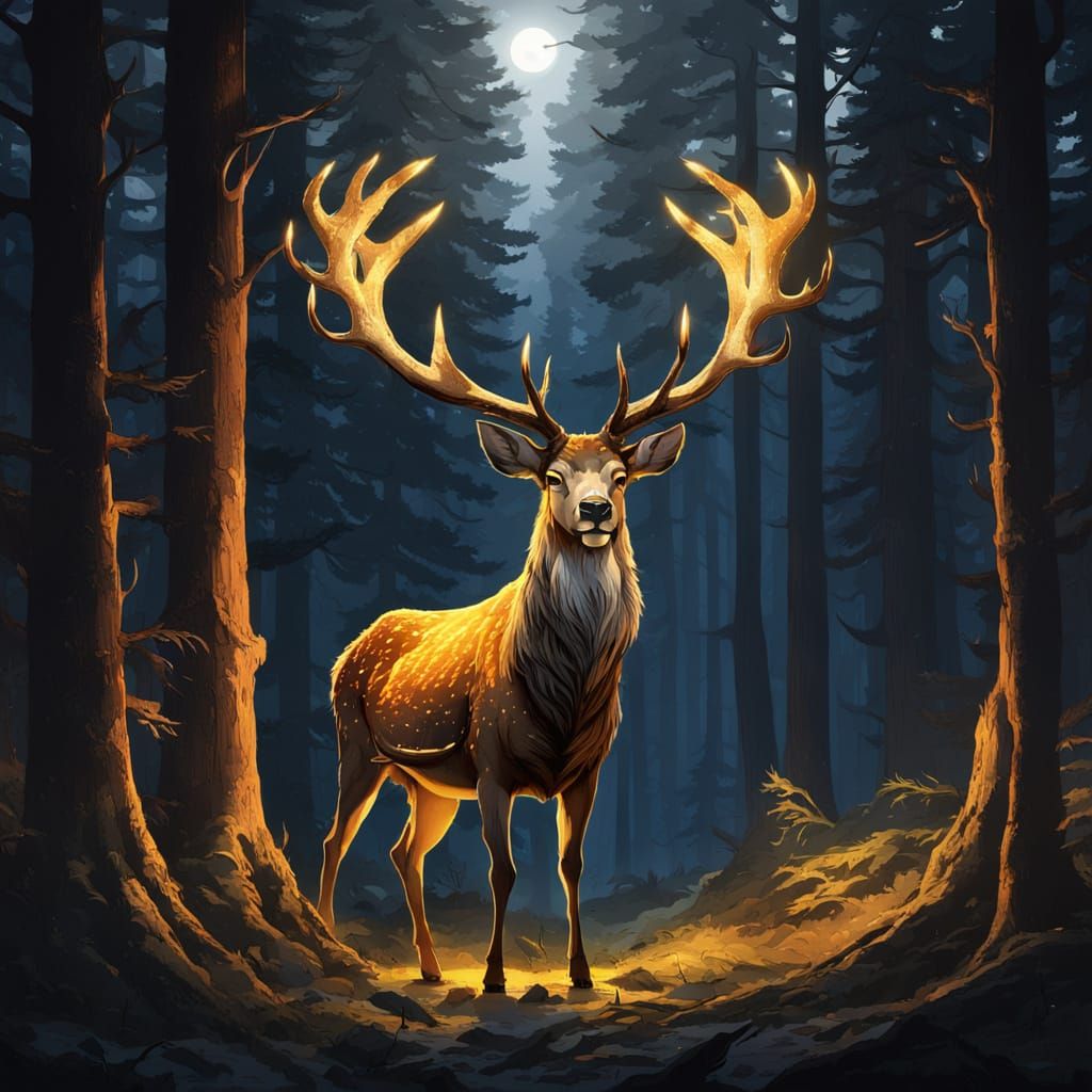 Majestic Deer with Golden Aura in Dark Forest