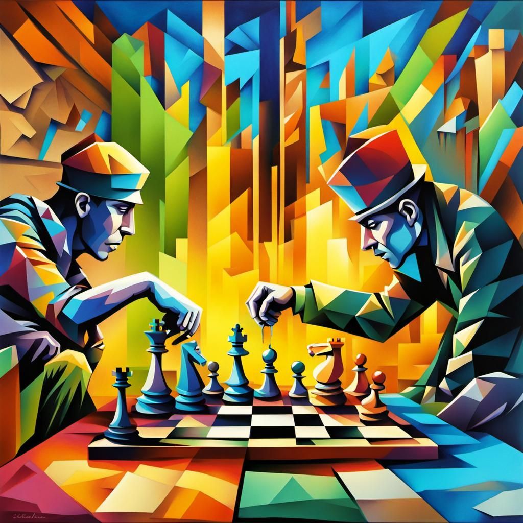 Cubist Chess Game with Graffiti Art Elements