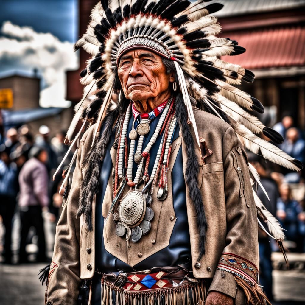 Yakama Nation Chief in Crowded Street: Hyperrealistic Portra...