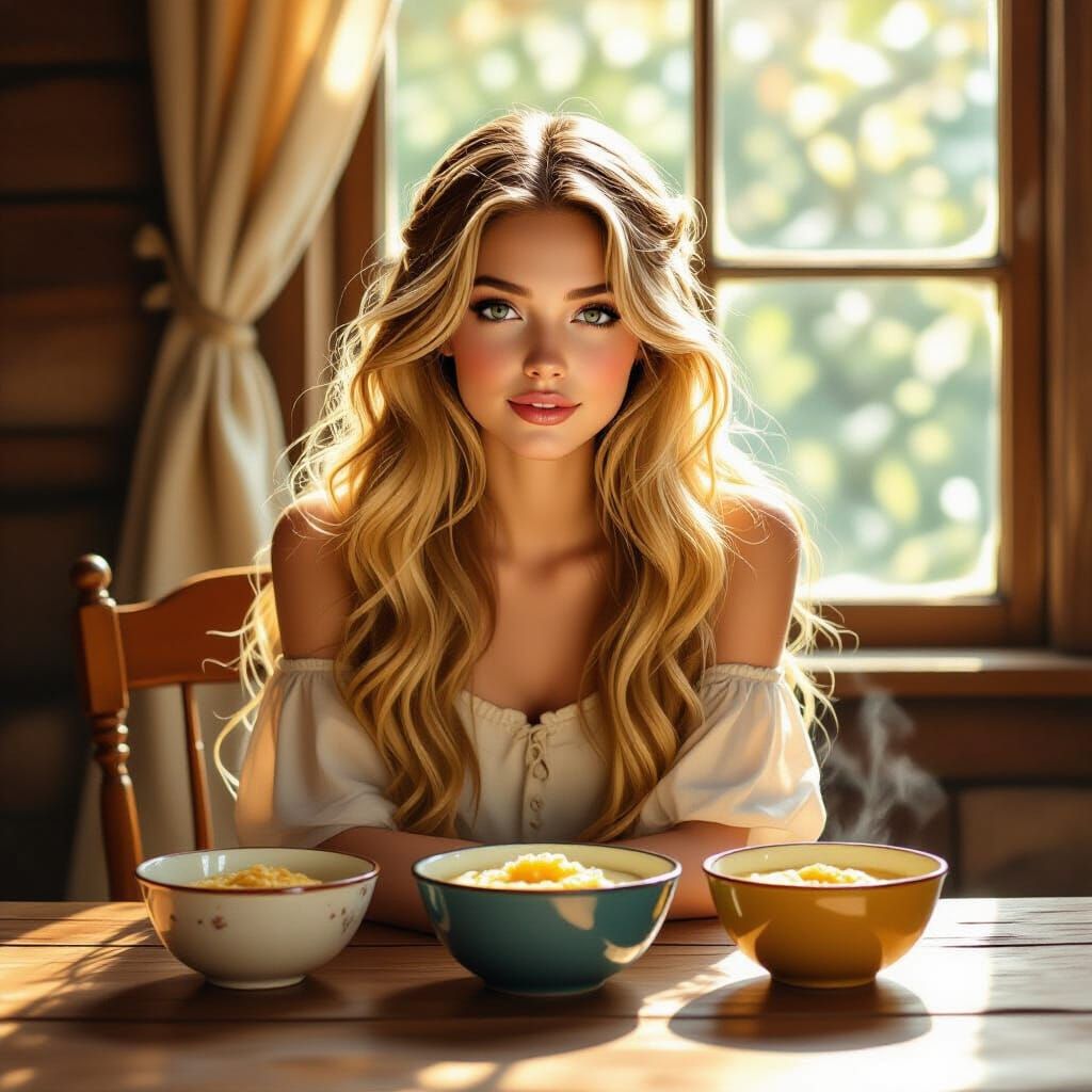 Goldilocks and Porridge Scene in Golden Age Illustration Sty...