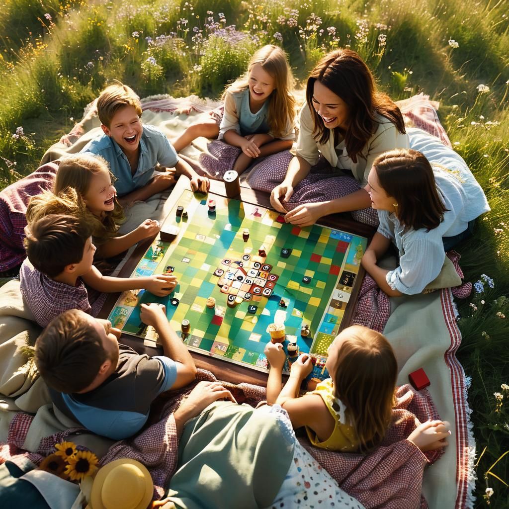Family Picnic in Sunny Meadow: Cinematic Film Still