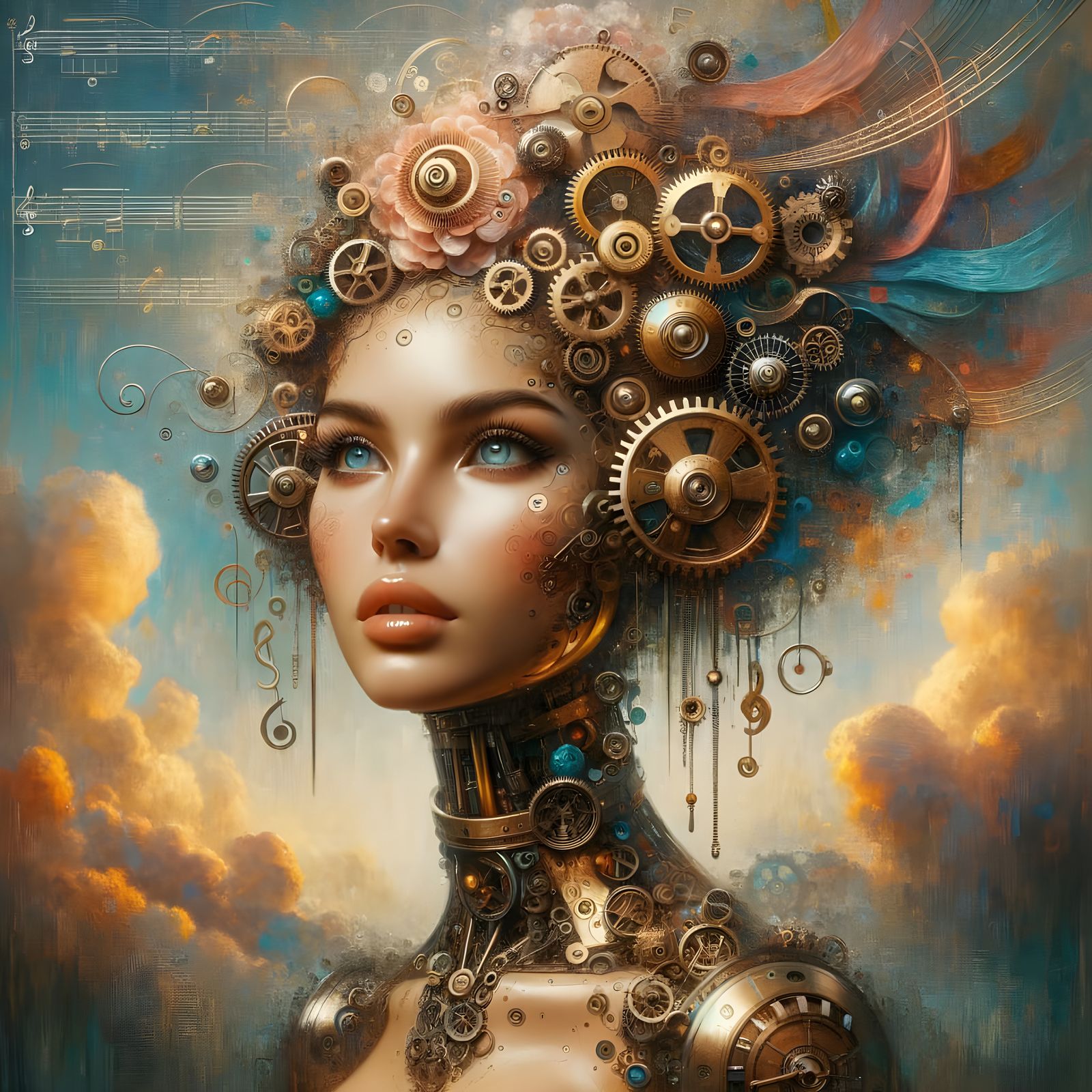 Steampunk Woman Portrait with Musical Notes Hair