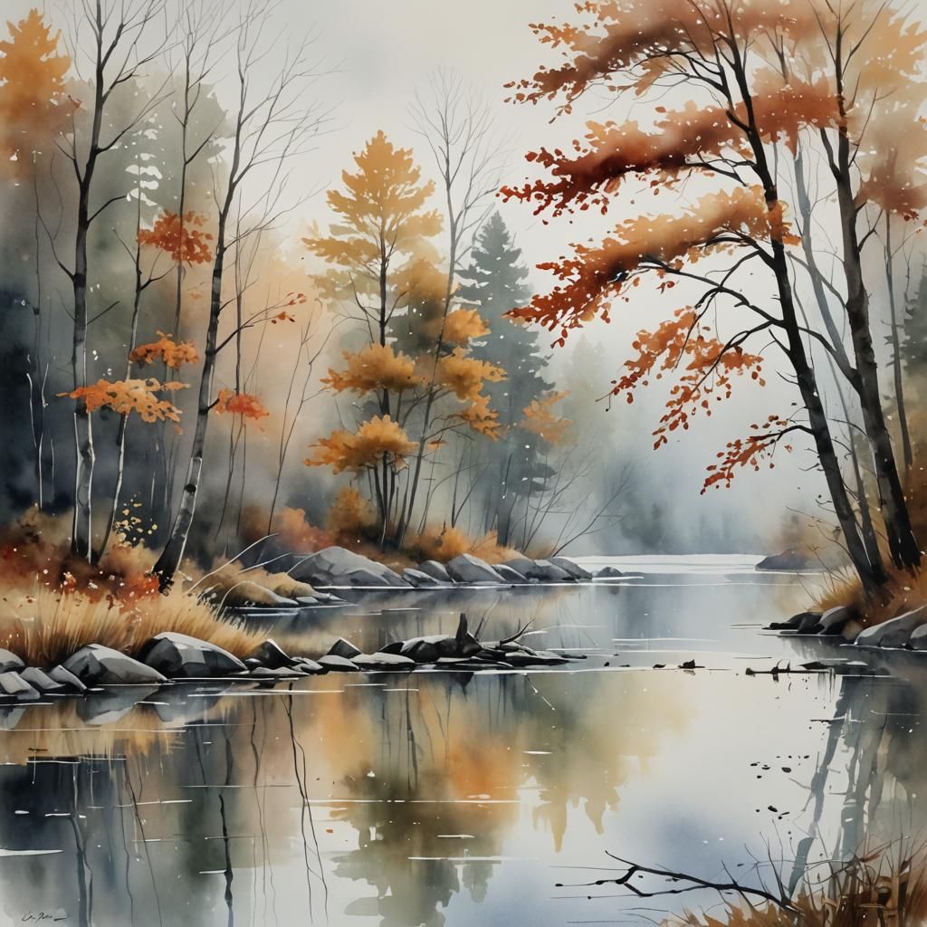 Foggy Autumn Lake: Watercolor Painting