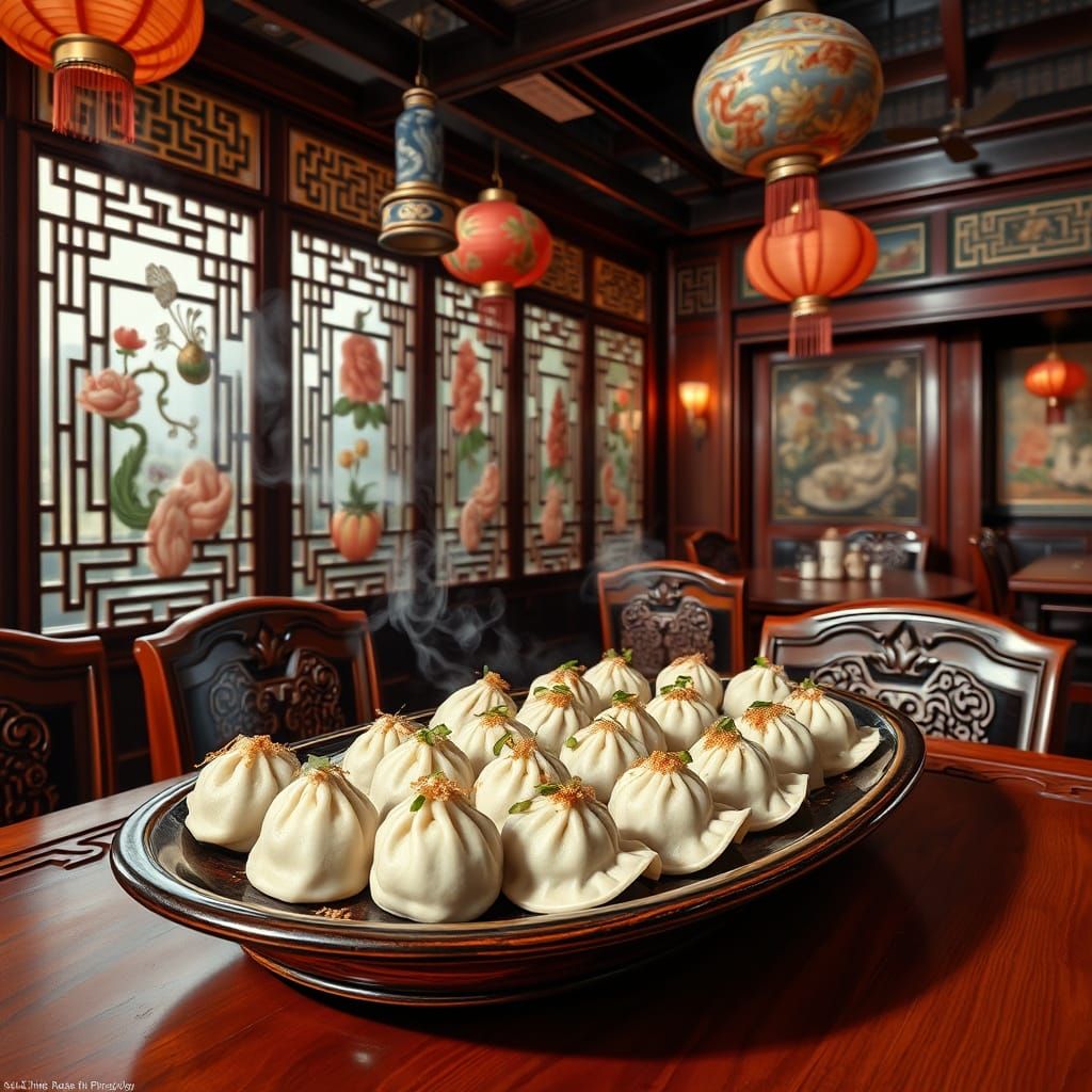 Realistic Oil Painting of Pan-Seared Pot Stickers and Dumpli...