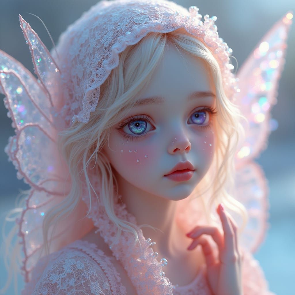 Ethereal Girl with Iridescent Tears and Butterfly Wings