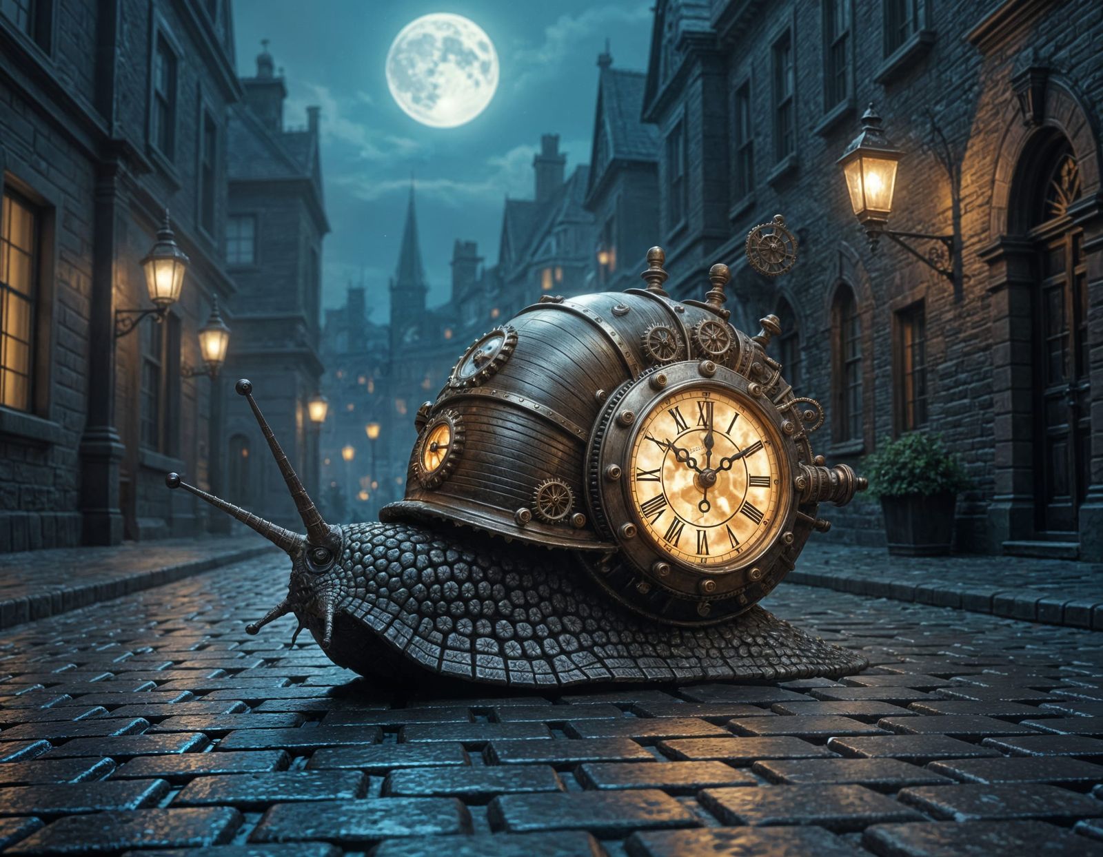 Gothic Steampunk Snail on Moonlit Cobblestone Street