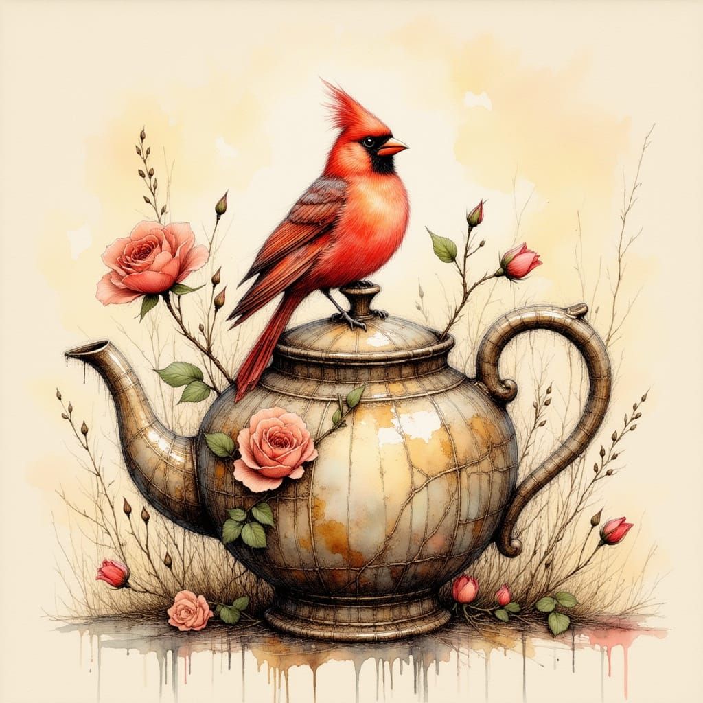 Surreal Cardinal on Antique Teapot with Rose