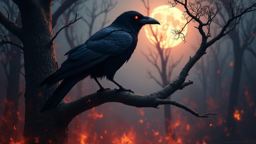 Fiery Raven Silhouette Against Burning Forest
