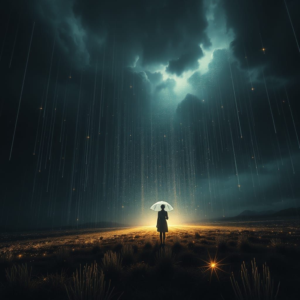 Ethereal Starfall: A Figure Under a Glowing Umbrella