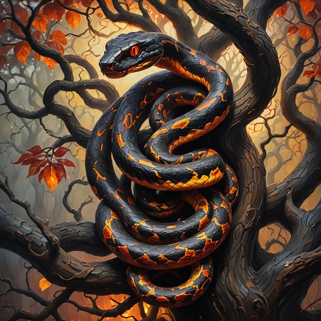 Majestic Fiery-Eyed Snake in Dark Fantasy Art