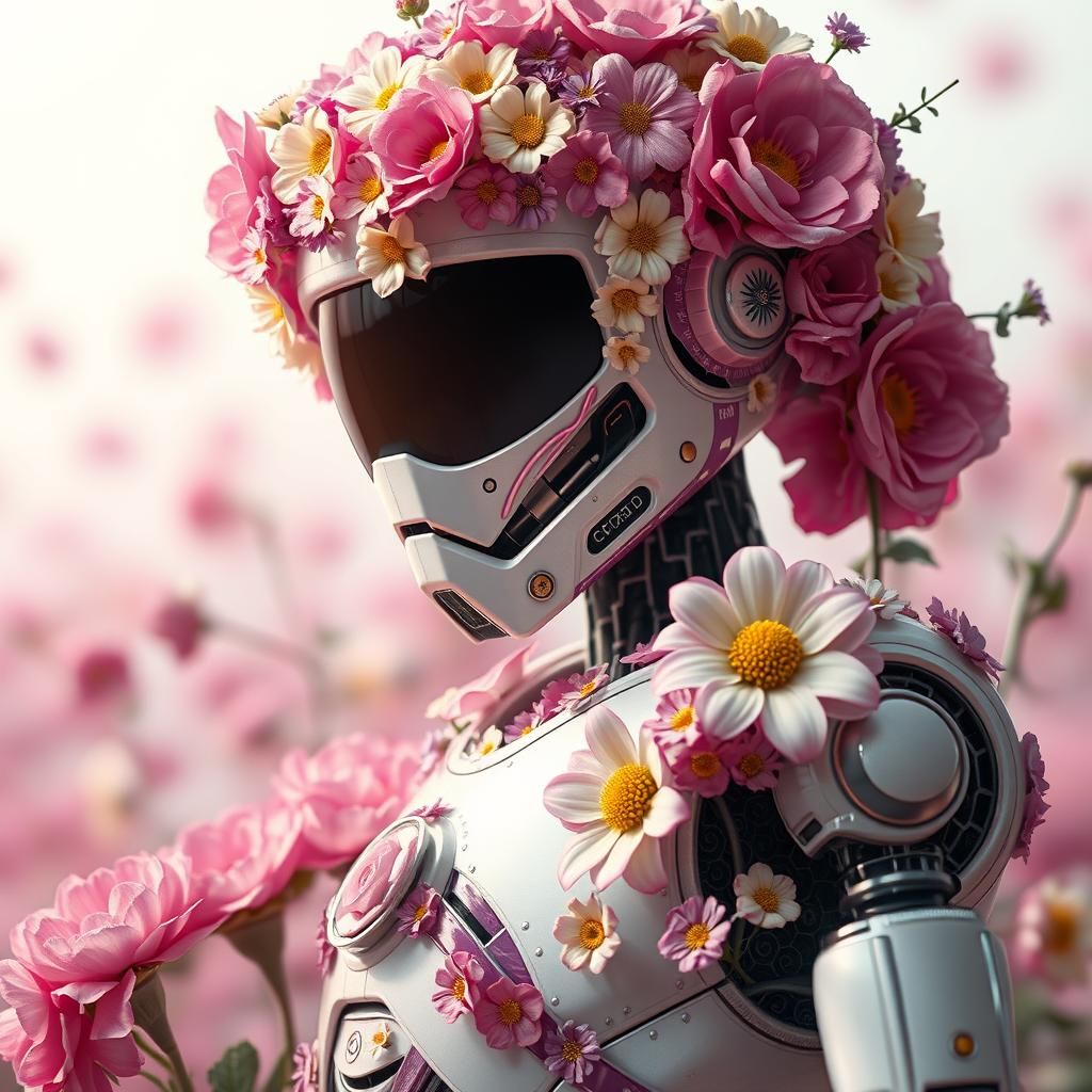 Photorealistic Robot Covered in Flowers