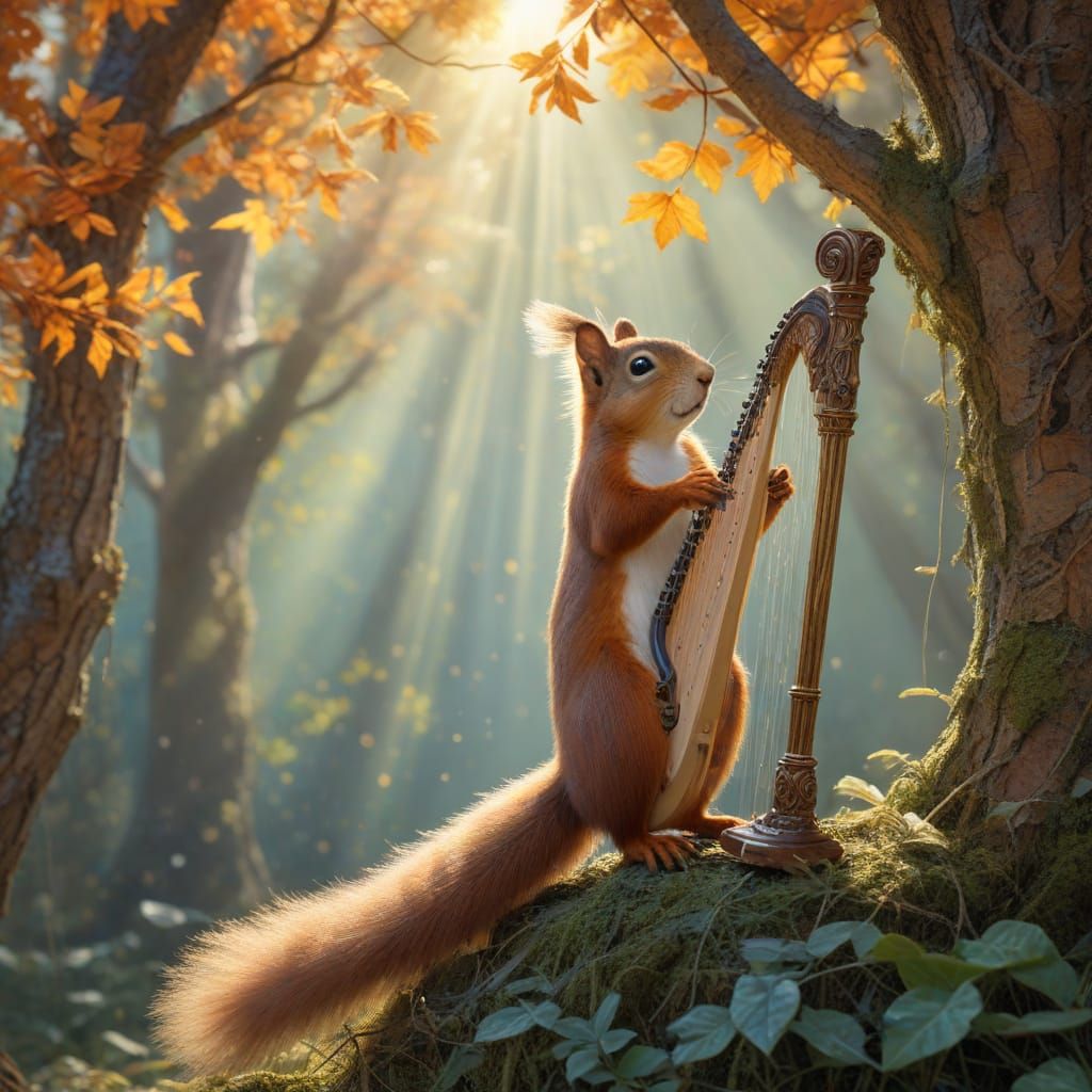 Squirrel Harpist in Sunbeam Clearing with Stained-Glass Leav...