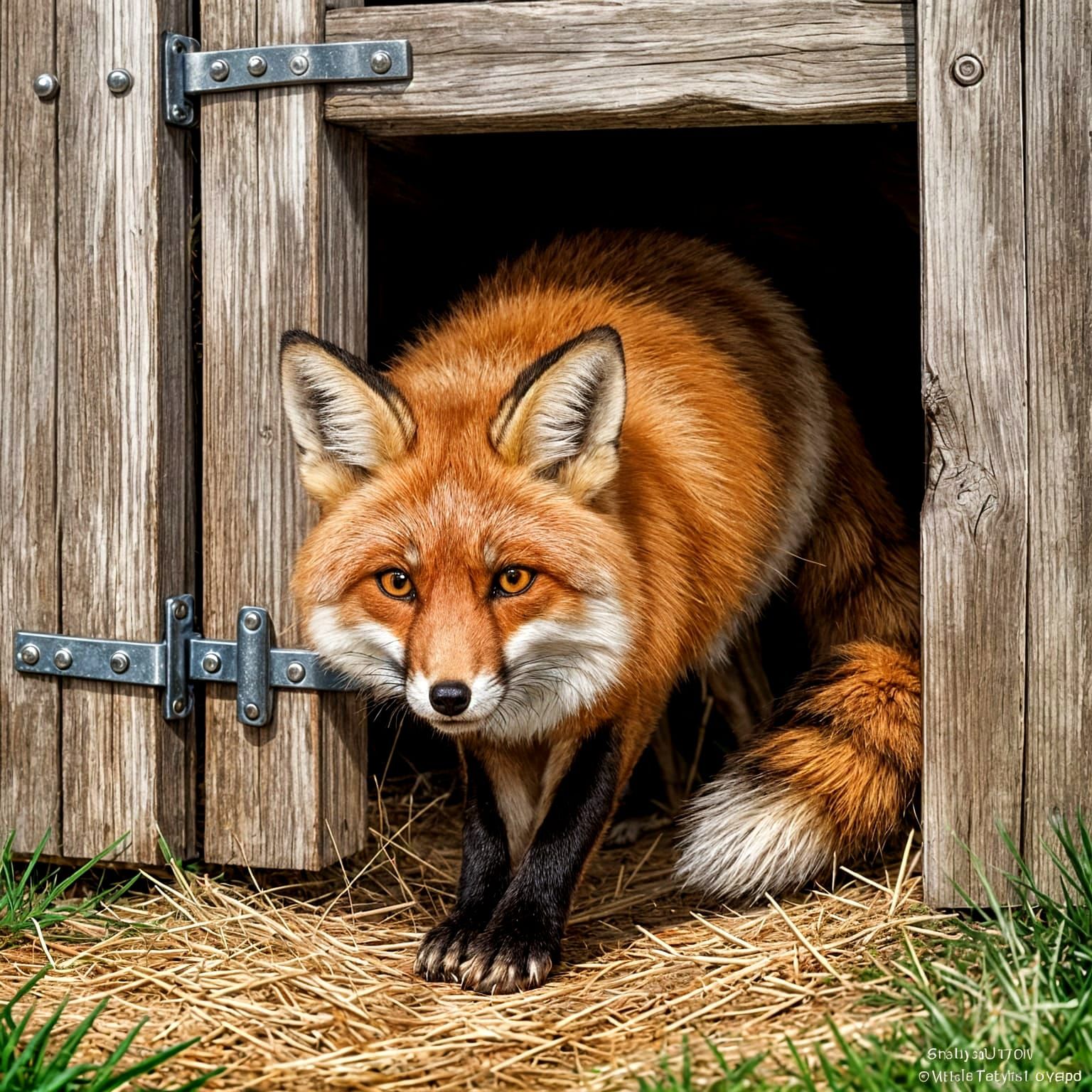 Painterly Fox Sneaking Under Fence into Chicken Coop