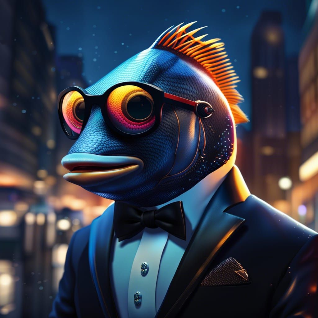 Anthropomorphic Fish in City at Night, Hyperrealistic Art
