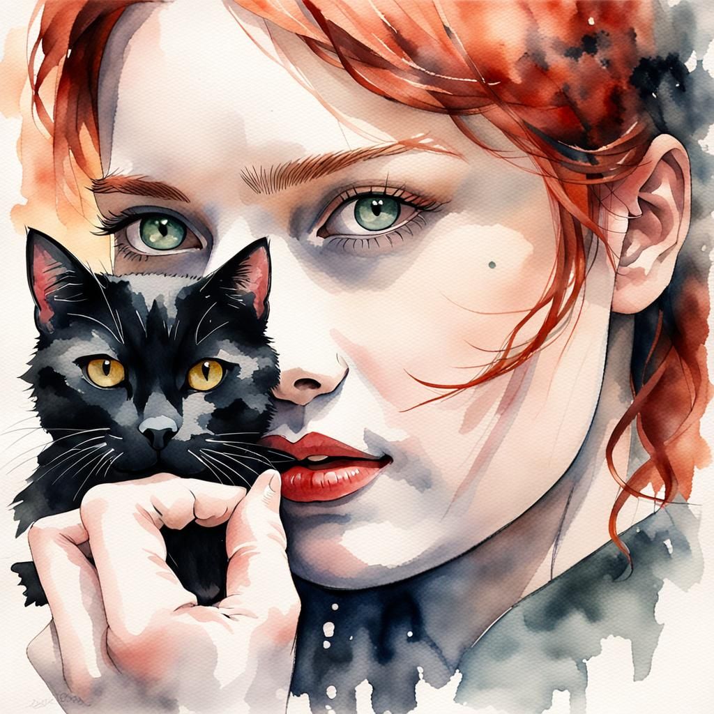Woman with Cat: Dreamy Watercolor Artgerm-Style Portrait