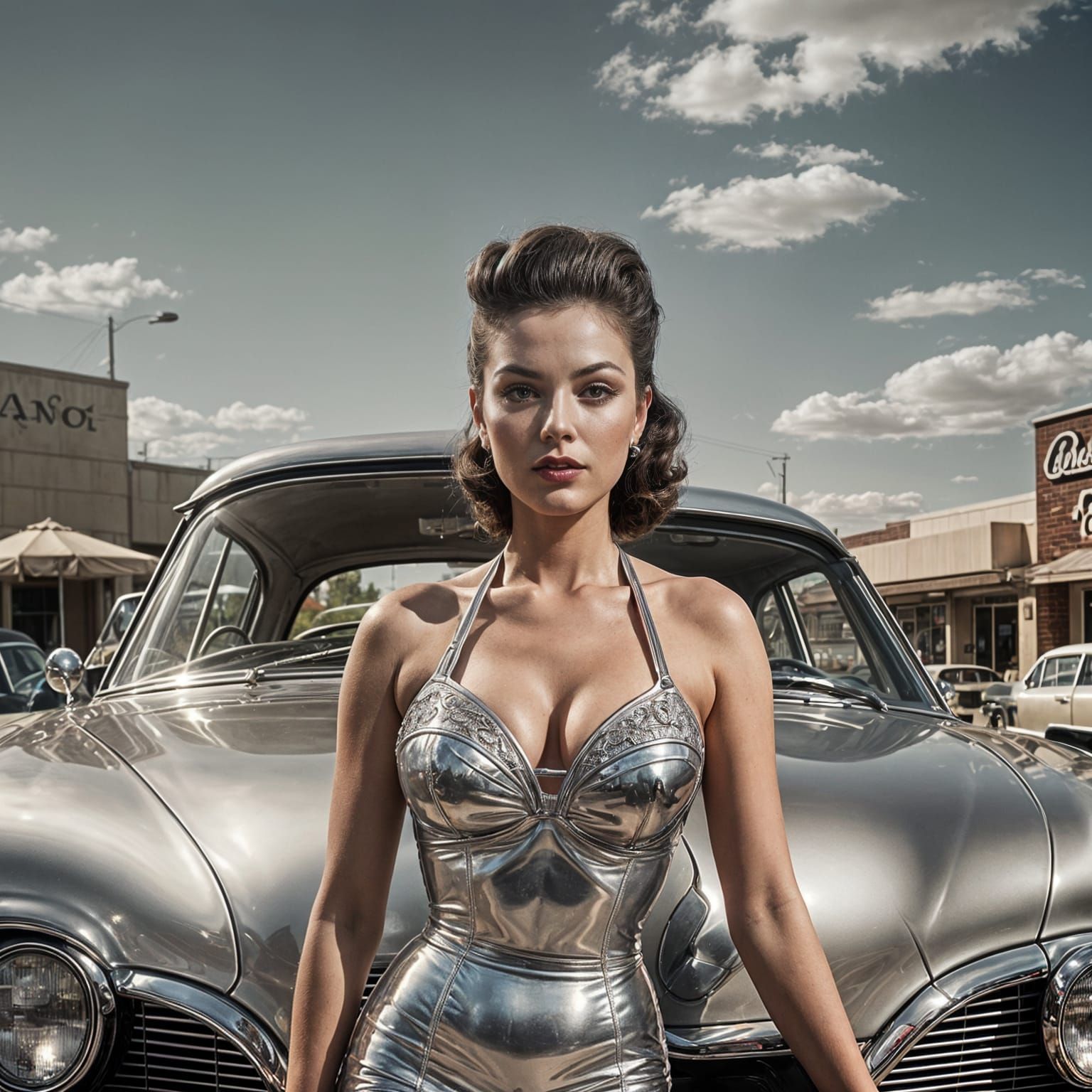 Retro-Futuristic Pin-Up Girl with Chrome Car
