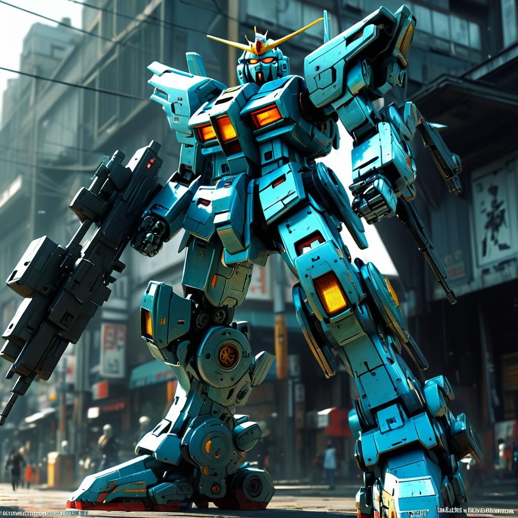 Retro Mecha Gundam Action Scene: Detailed Metallic Art