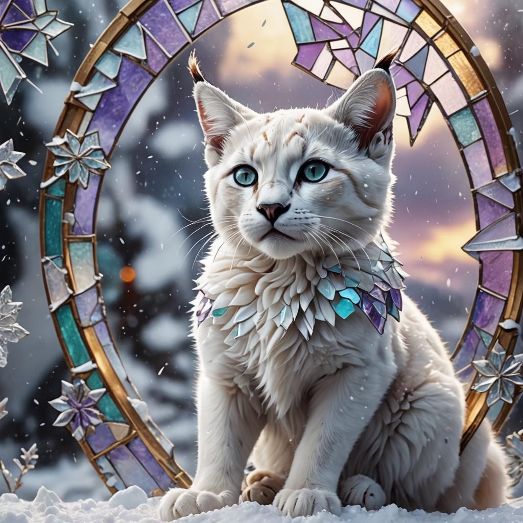 Biomechanical Caracal Kitten in Stained Glass, Snowy Scene