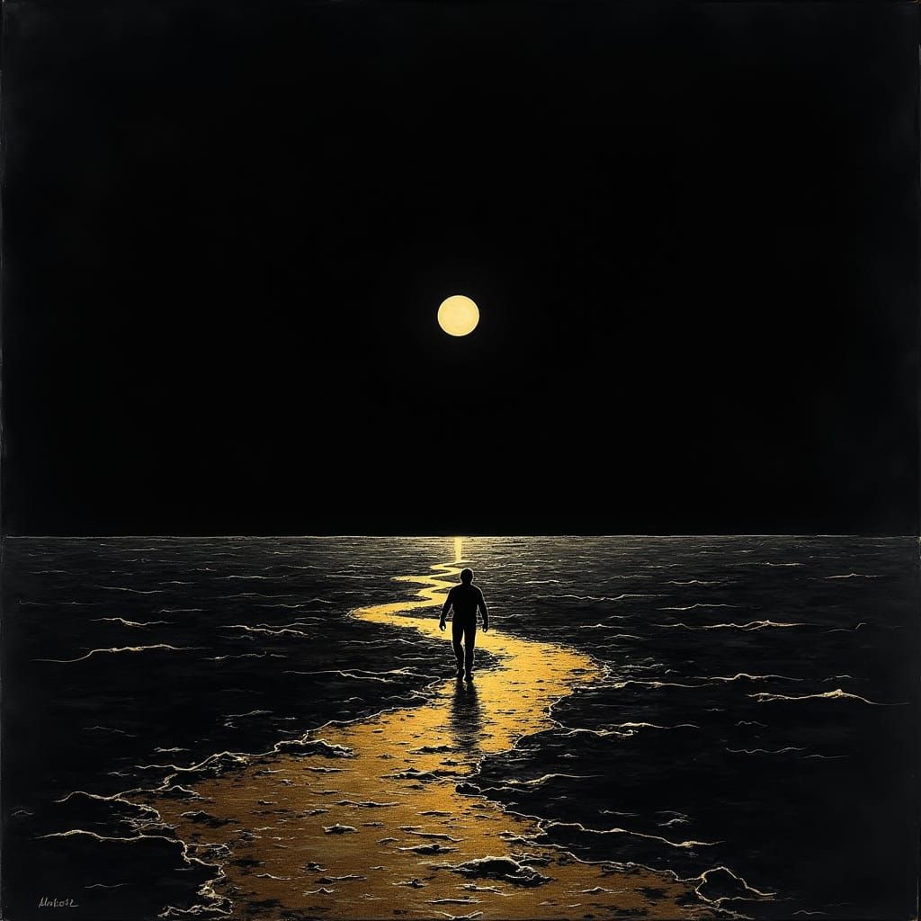 Lost Figure Beckons to Radiant Light in Inky Black Landscape