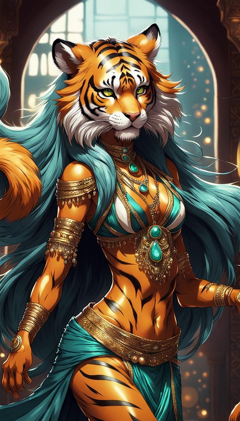 Sensual Tiger Belly Dancer in Anime Style