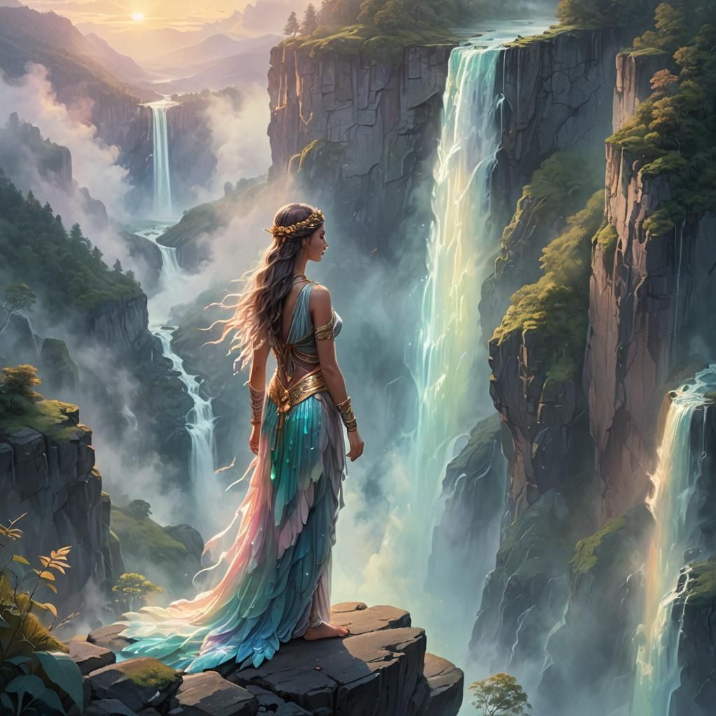 Goddess at Waterfall's Edge in Ethereal Style