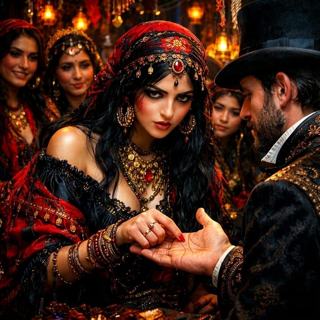 Gypsy Woman Reads Gentleman's Palm at Market
